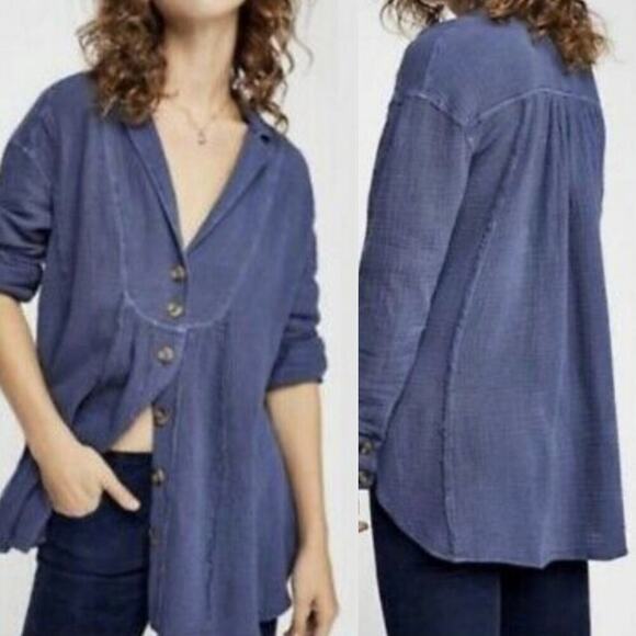 FREE PEOPLE XS ALL ABOUT THE FEELS BLUE BUTTON DOWN TUNIC SIZE XS - Picture 1 of 9